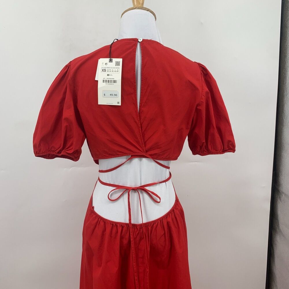 Zara Cut Out Polin Dress Womens XS Extra Small Red Midi Puff Sleeves Cinch Waist - Picture 7 of 16